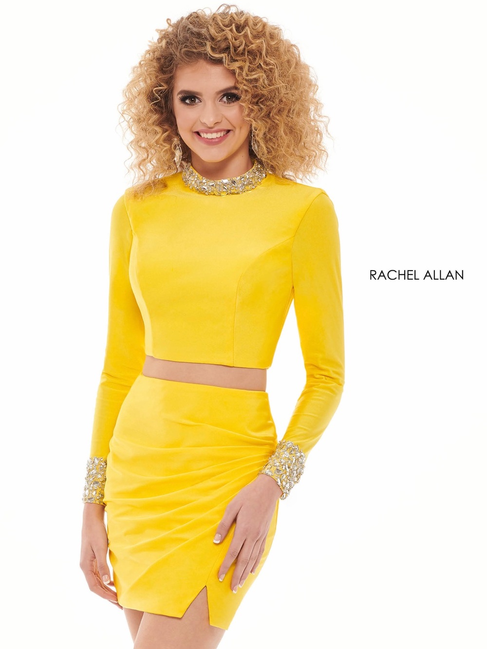 Rachel Allan Bright Yellow Jeweled Crop Top dress